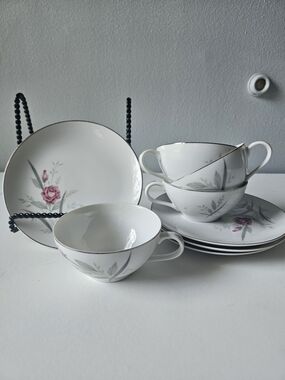 Vintage Windsor Rose Japan Porcelain Tea Cups & Saucers with  Silver Trim